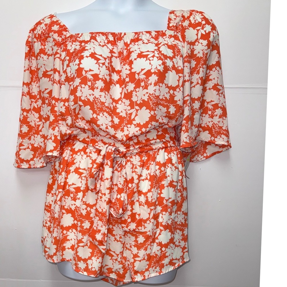 GeeGee Floral Off Shoulder Romper M Orange White Flutter Sleeve Boho‎ Resort